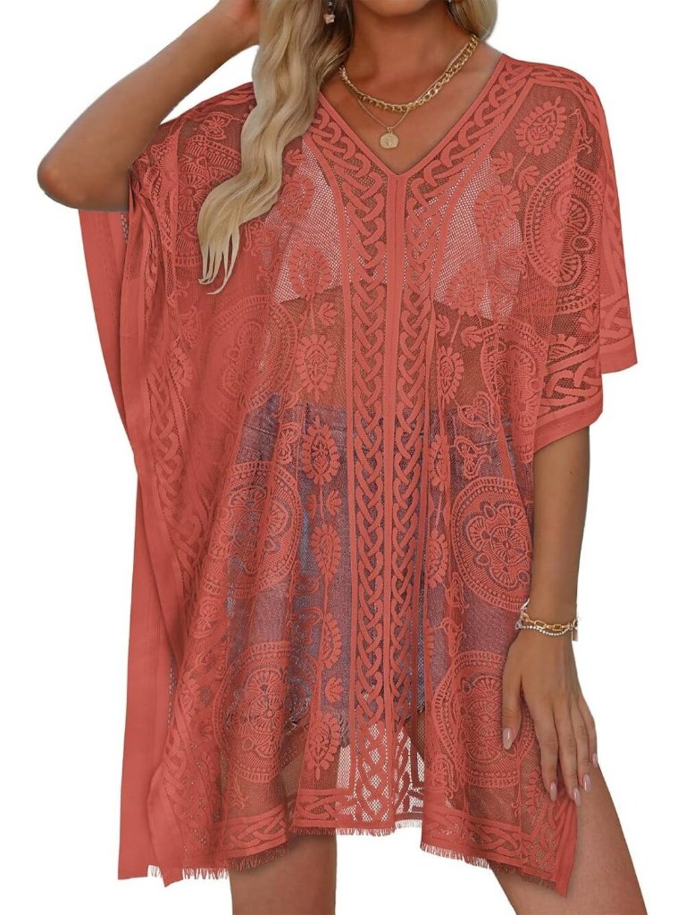 Women Teracotta Polyester V Neck Laced Summer Swim Loose Bikni Coverup Dress